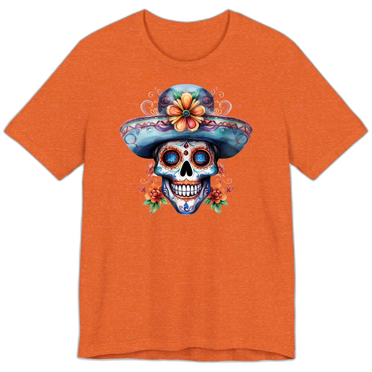 Vibrant Calavera Skull with Floral Sombrero Premium T-Shirt in Heather Orange