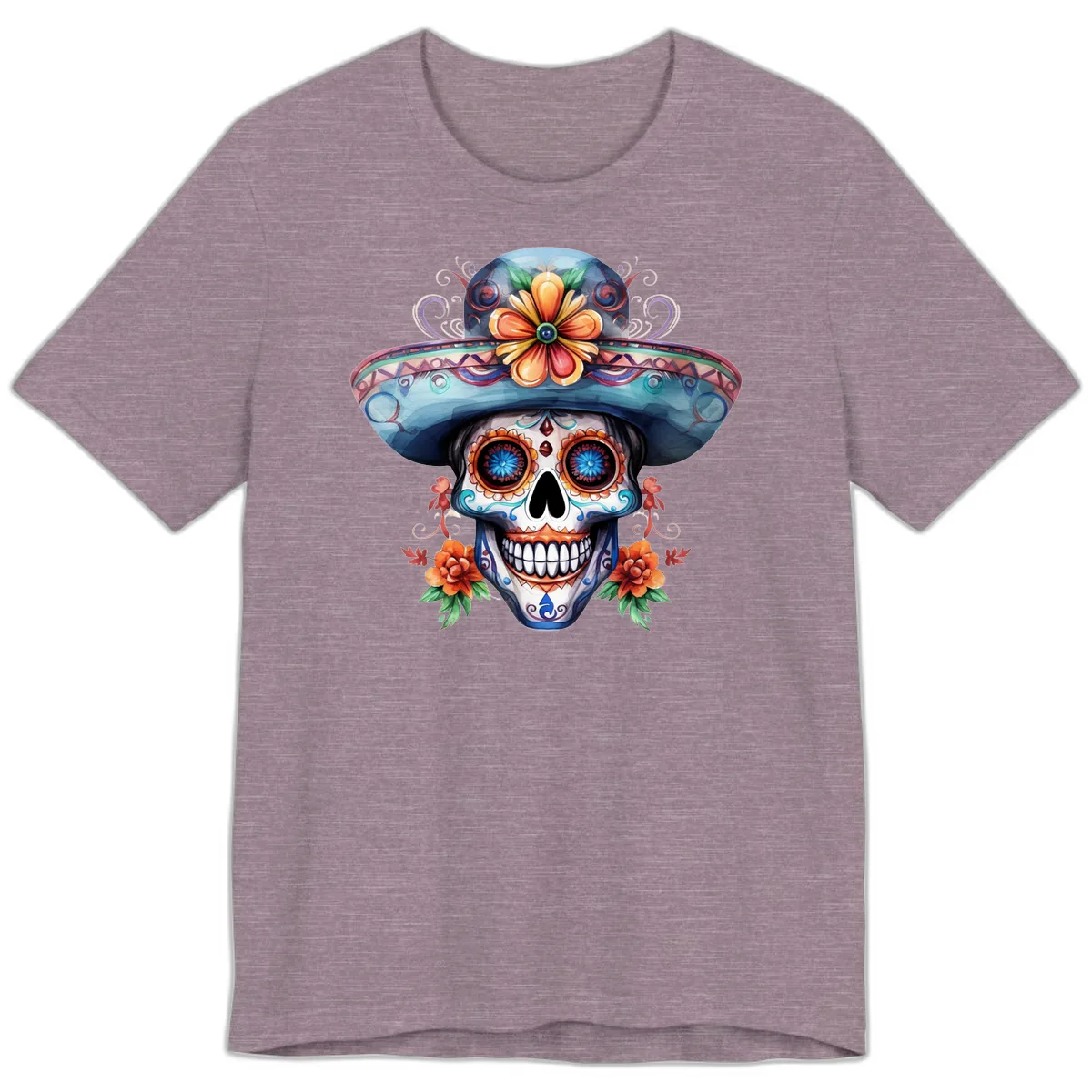 Vibrant Calavera Skull with Floral Sombrero Premium T-Shirt in Heather Purple