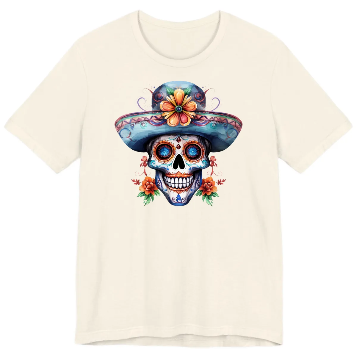 Vibrant Calavera Skull with Floral Sombrero Premium T-Shirt in Natural