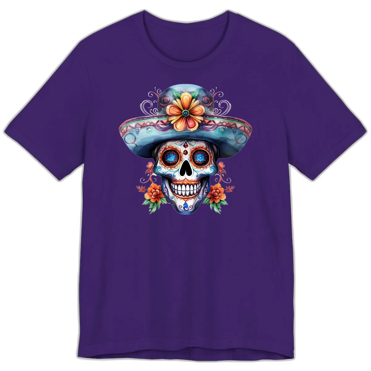 Vibrant Calavera Skull with Floral Sombrero Premium T-Shirt in Team Purple