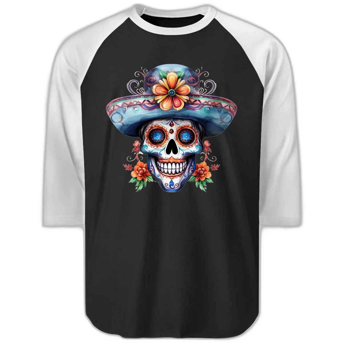 Vibrant Calavera Skull with Floral Sombrero Raglan 3/4 in Black White