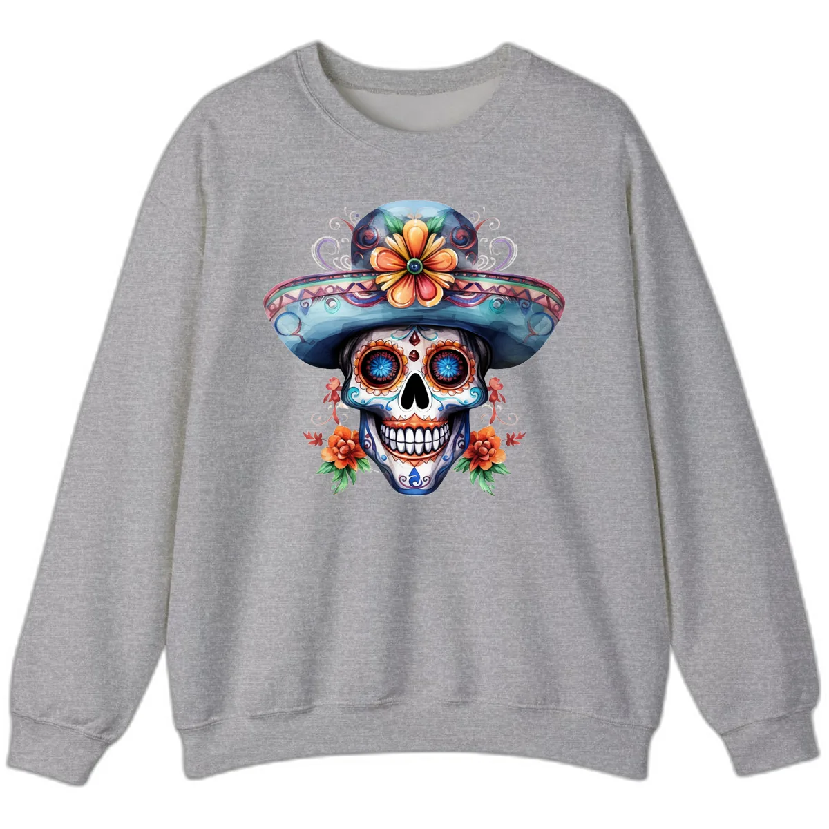 Vibrant Calavera Skull with Floral Sombrero Sweatshirt in Sport Grey
