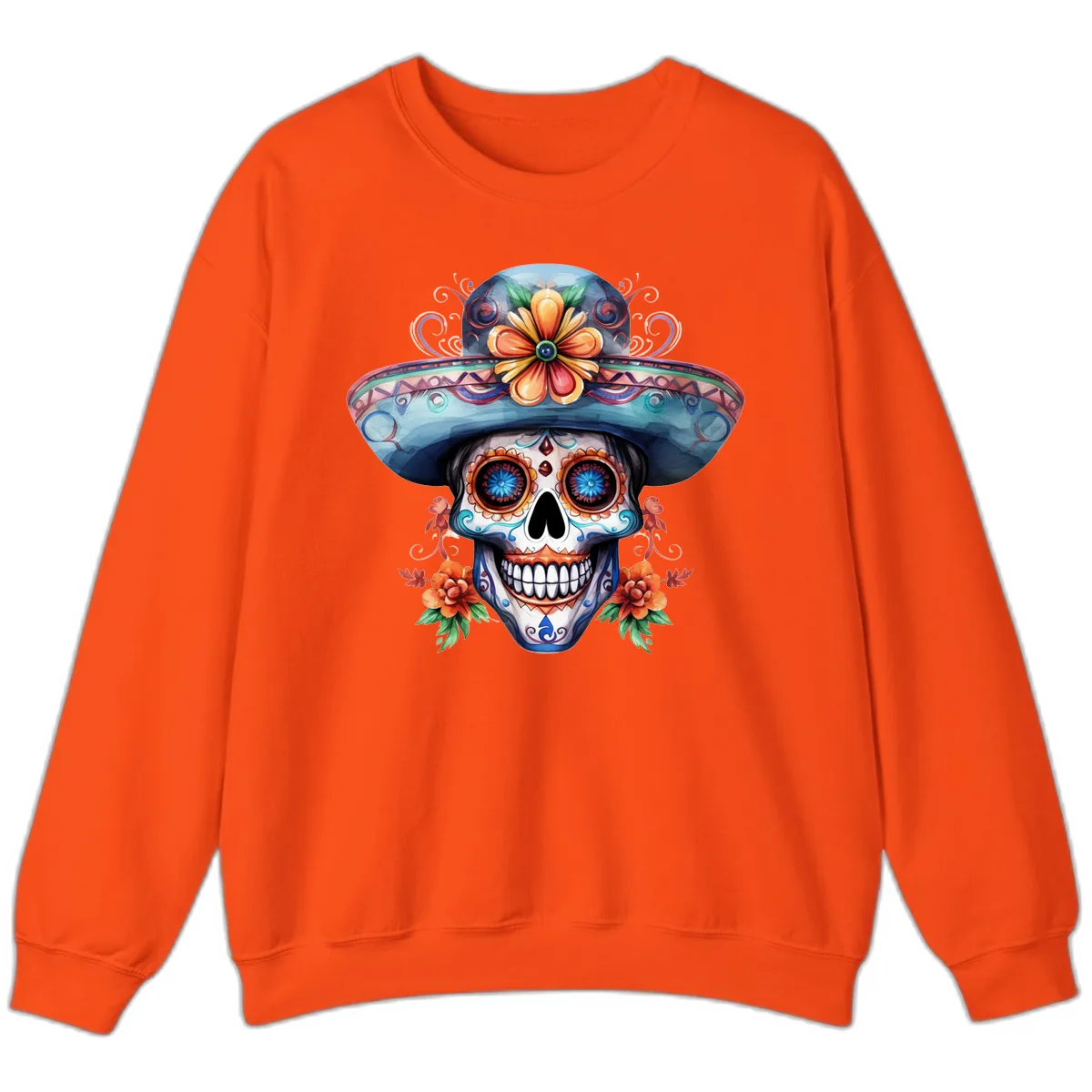 Vibrant Calavera Skull with Floral Sombrero Sweatshirt in Orange