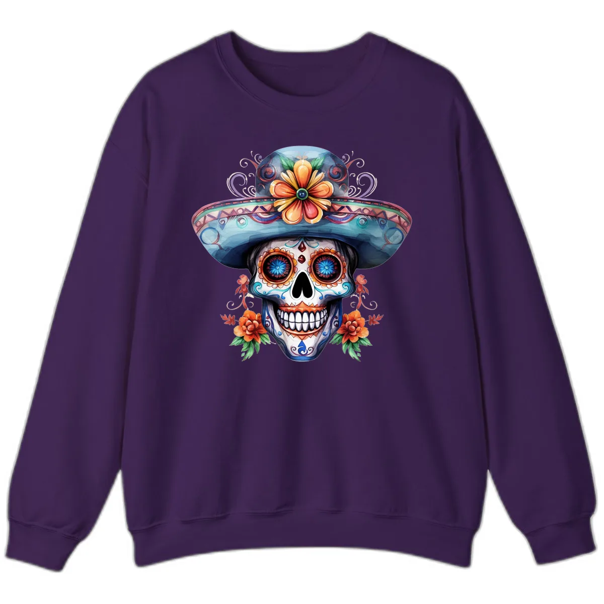 Vibrant Calavera Skull with Floral Sombrero Sweatshirt in Purple