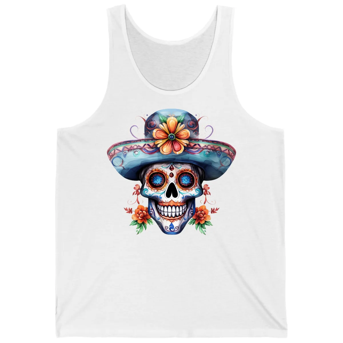 Vibrant Calavera Skull with Floral Sombrero Tank in White