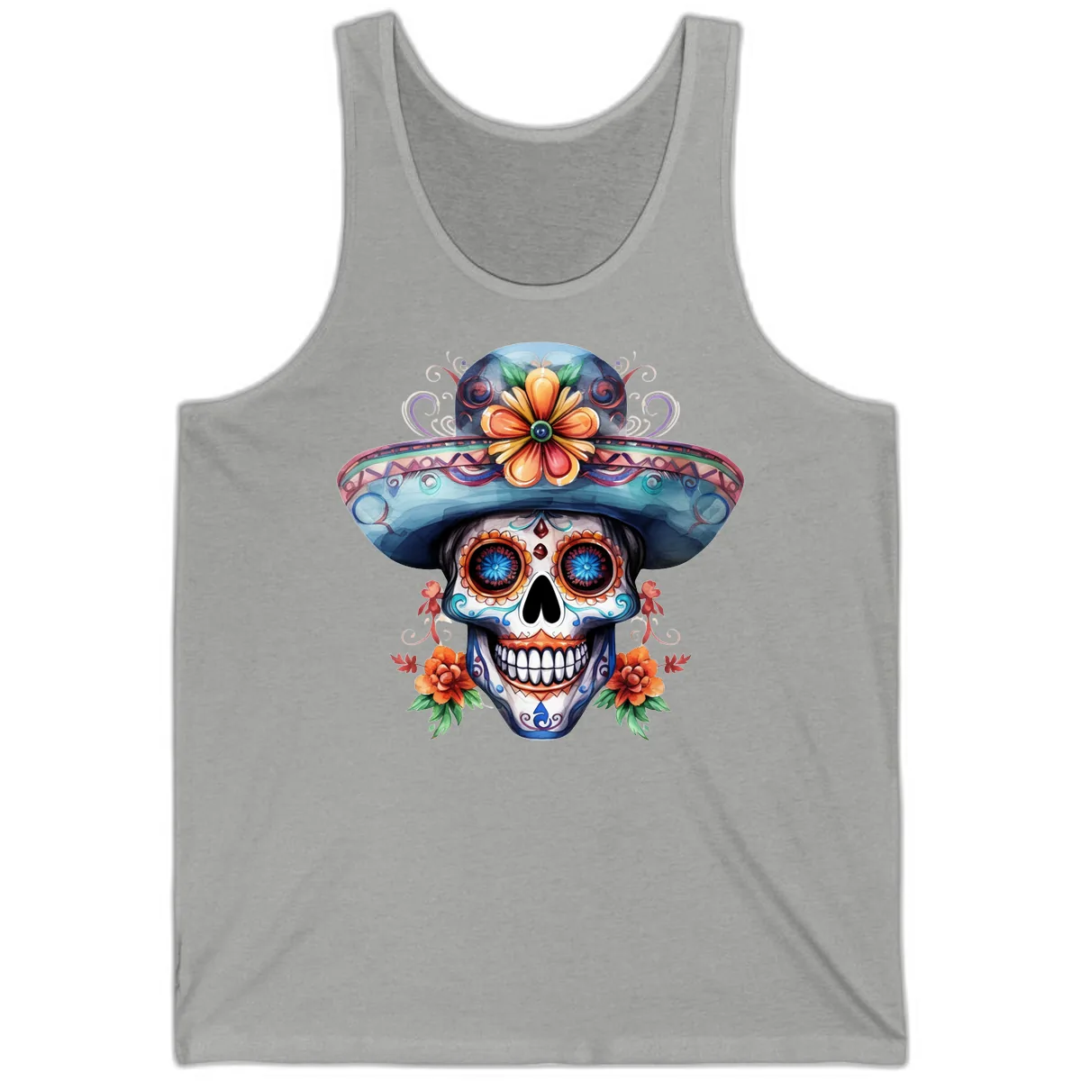 Vibrant Calavera Skull with Floral Sombrero Tank in Athletic Heather