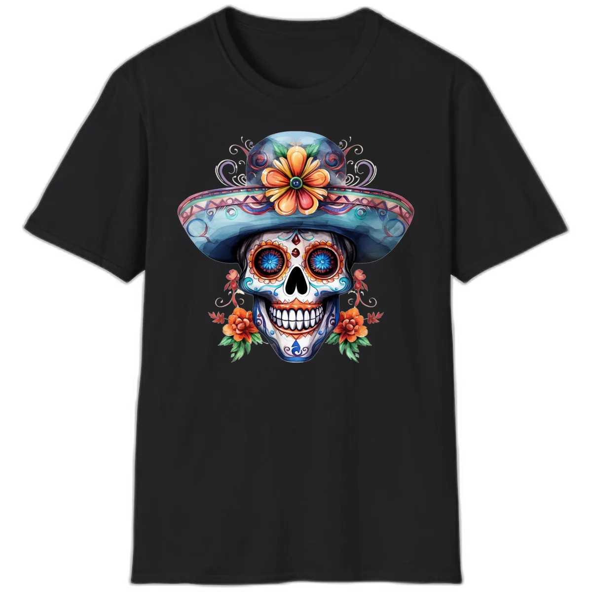 Vibrant Calavera Skull with Floral Sombrero T-Shirt in Black