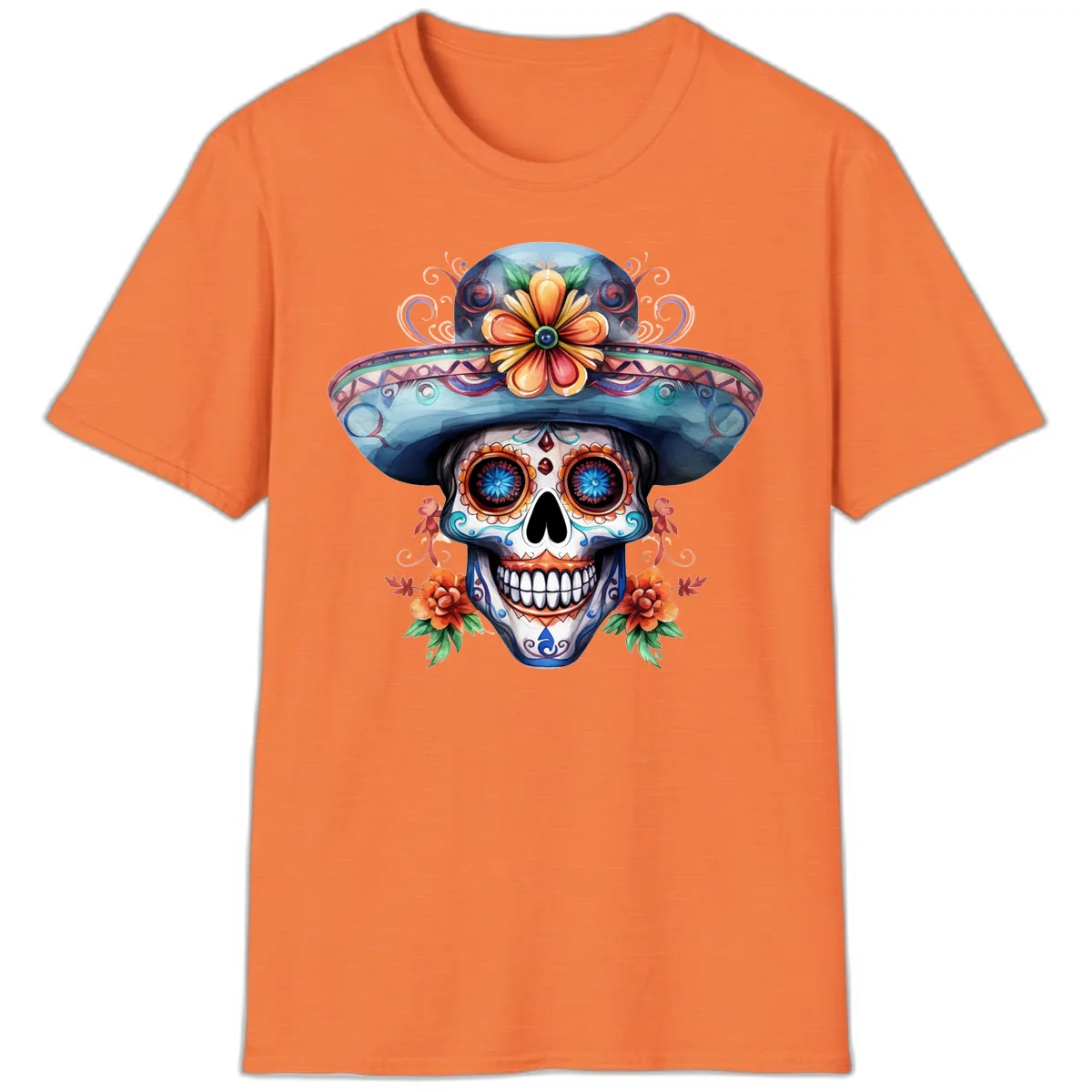 Vibrant Calavera Skull with Floral Sombrero T-Shirt in Heather Orange