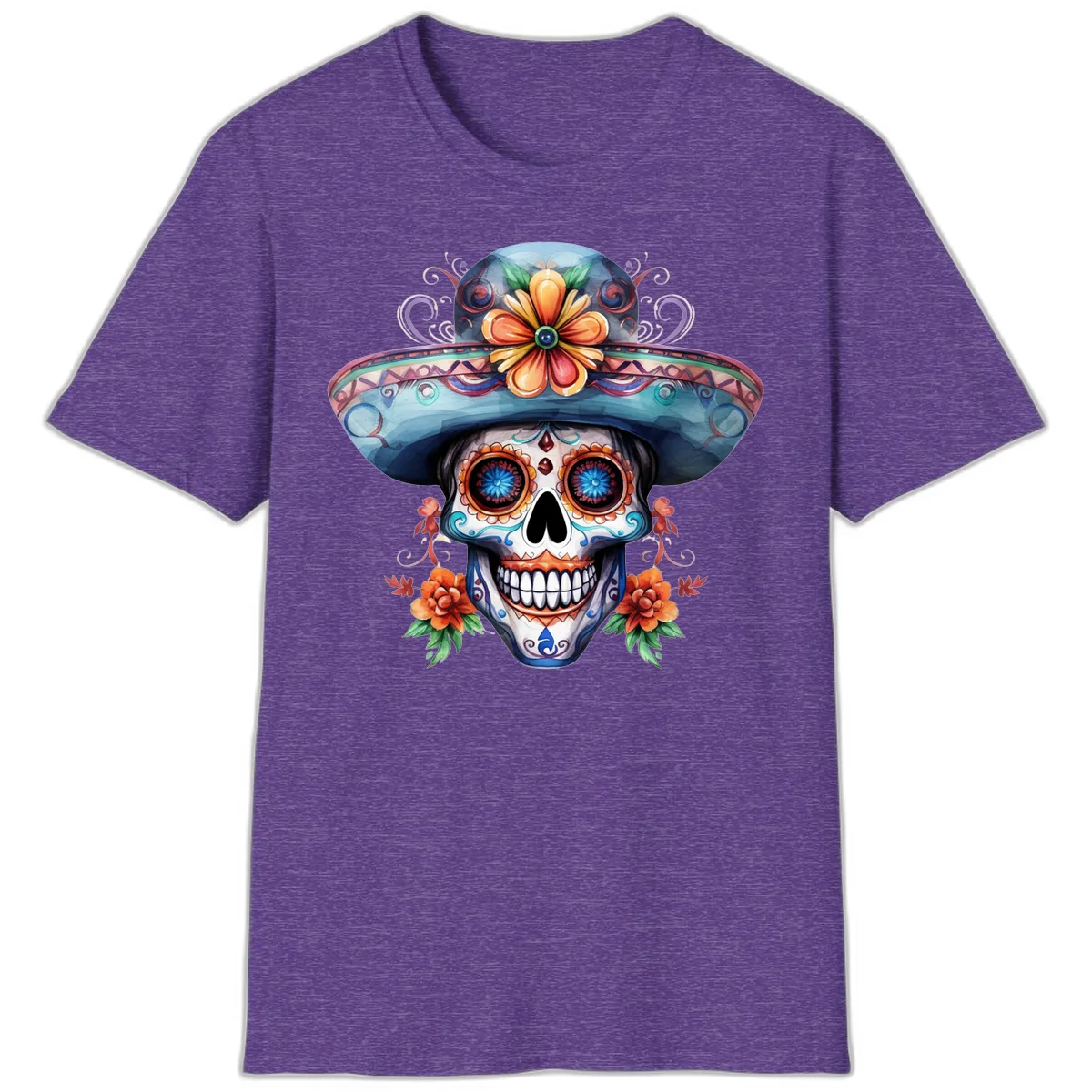 Vibrant Calavera Skull with Floral Sombrero T-Shirt in Heather Purple