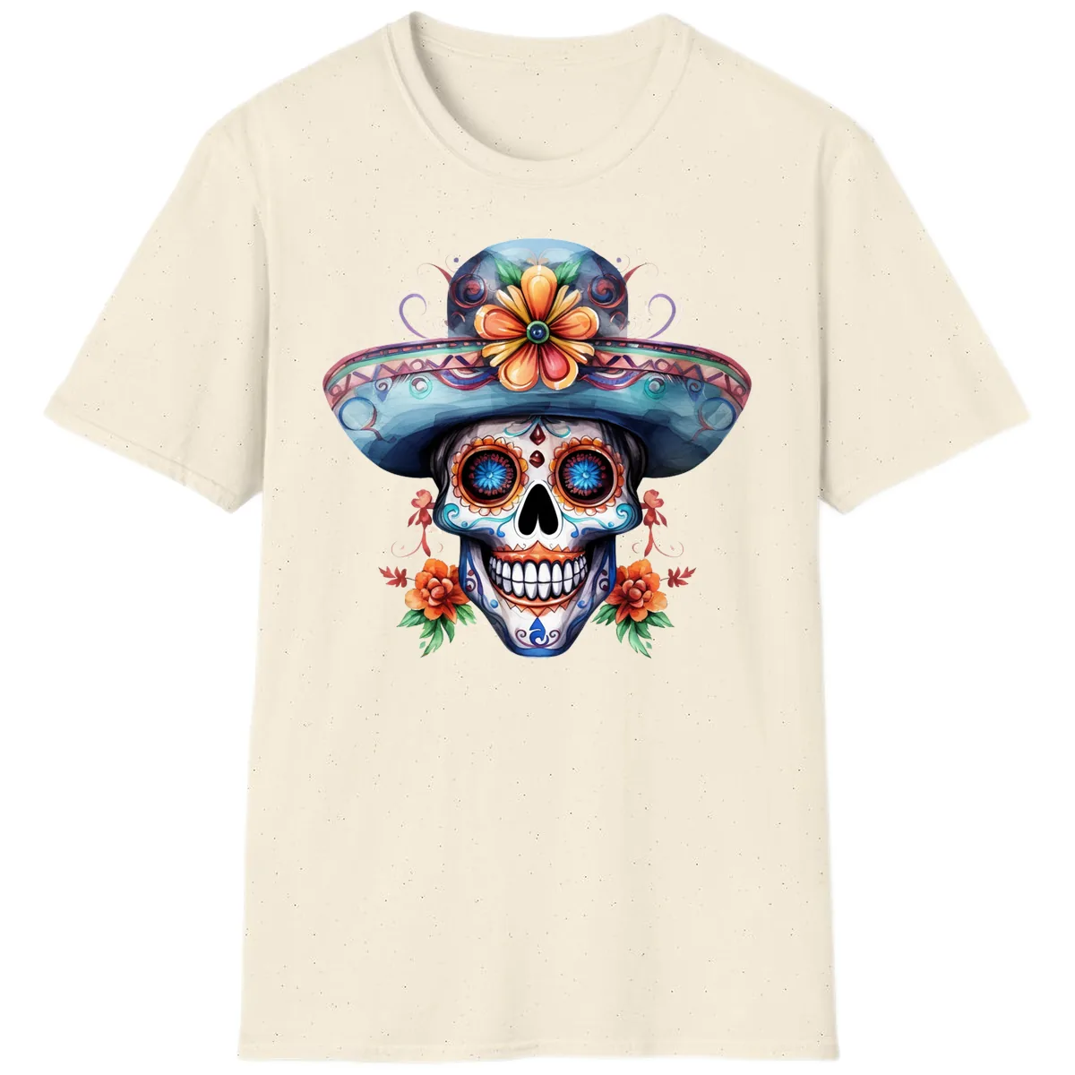 Vibrant Calavera Skull with Floral Sombrero T-Shirt in Natural