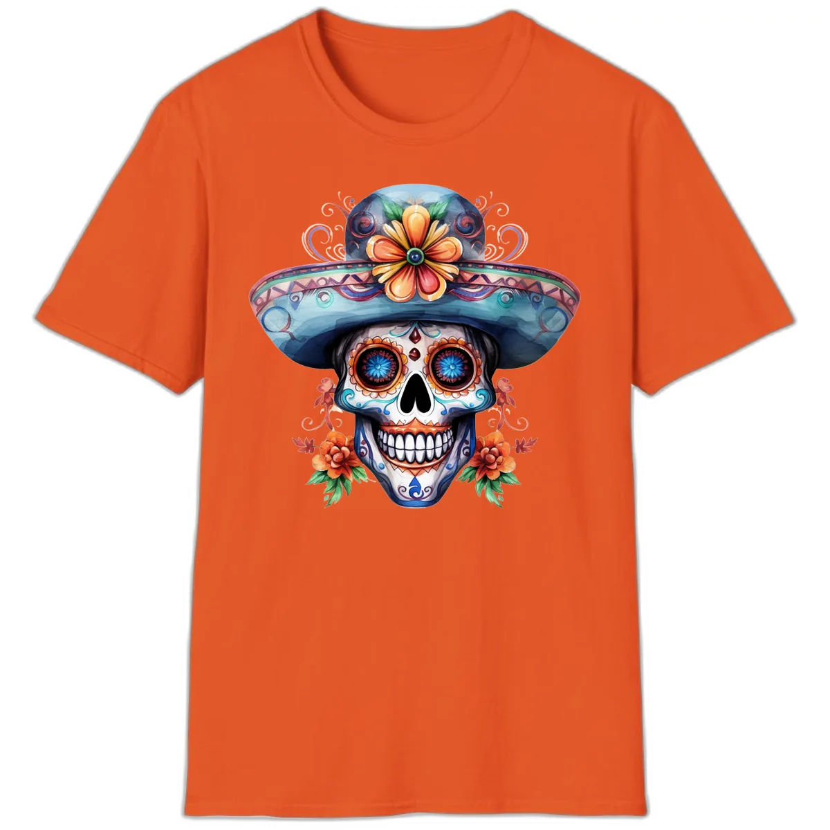 Vibrant Calavera Skull with Floral Sombrero T-Shirt in Orange