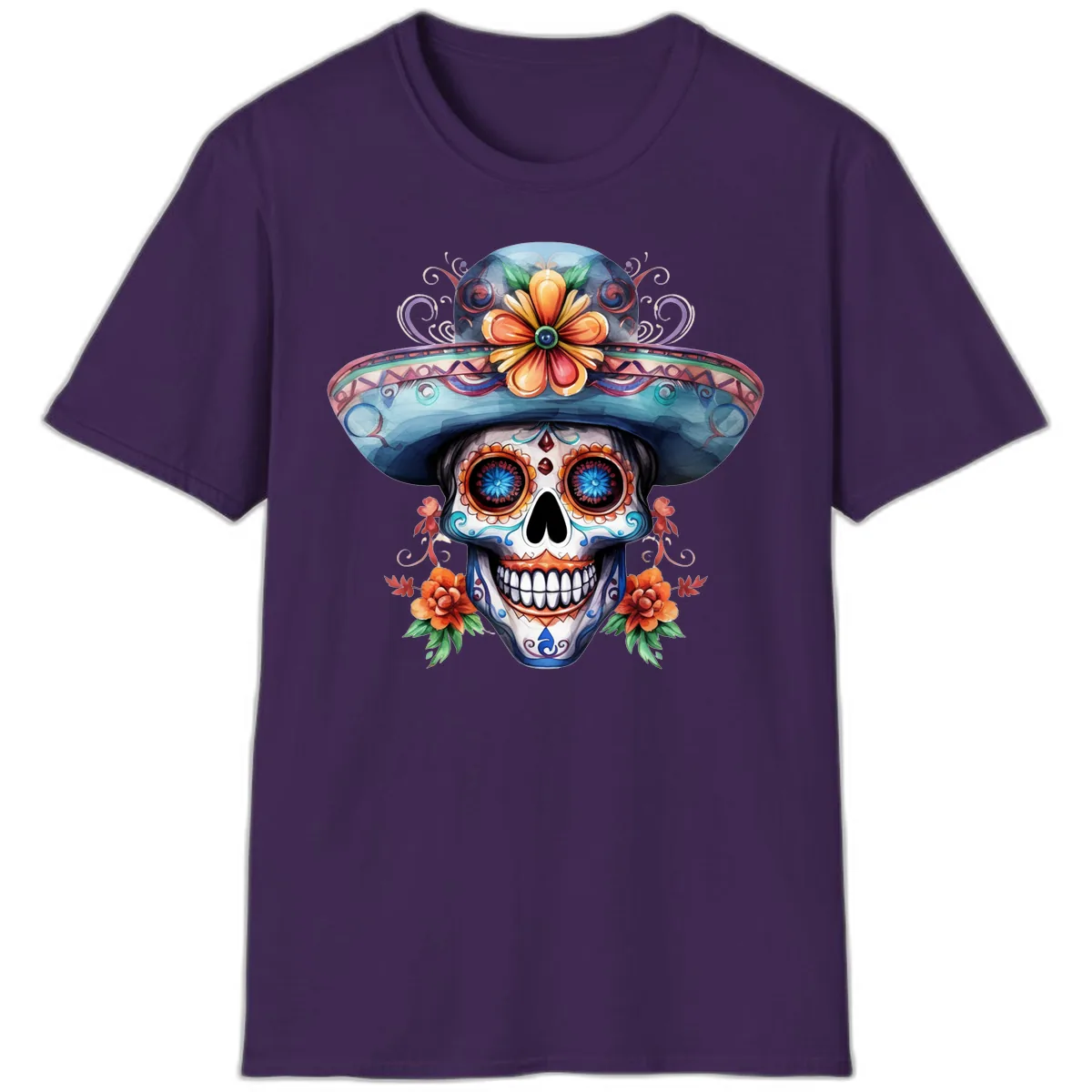 Vibrant Calavera Skull with Floral Sombrero T-Shirt in Purple