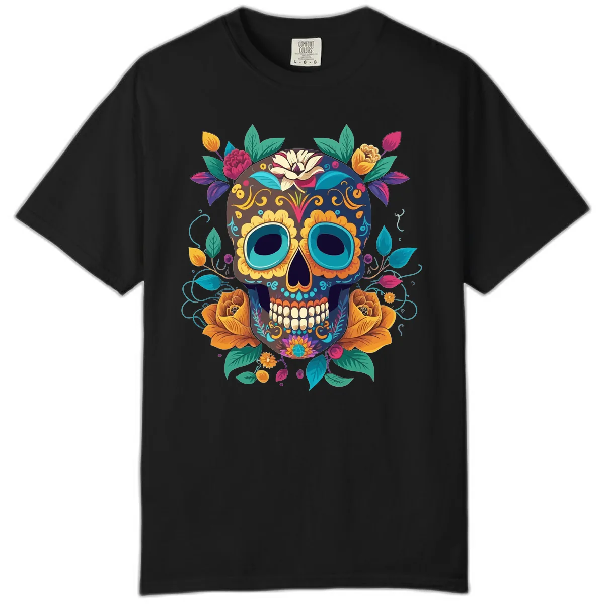 Vibrant Floral Sugar Skull Calavera Art Comfort Color in Black