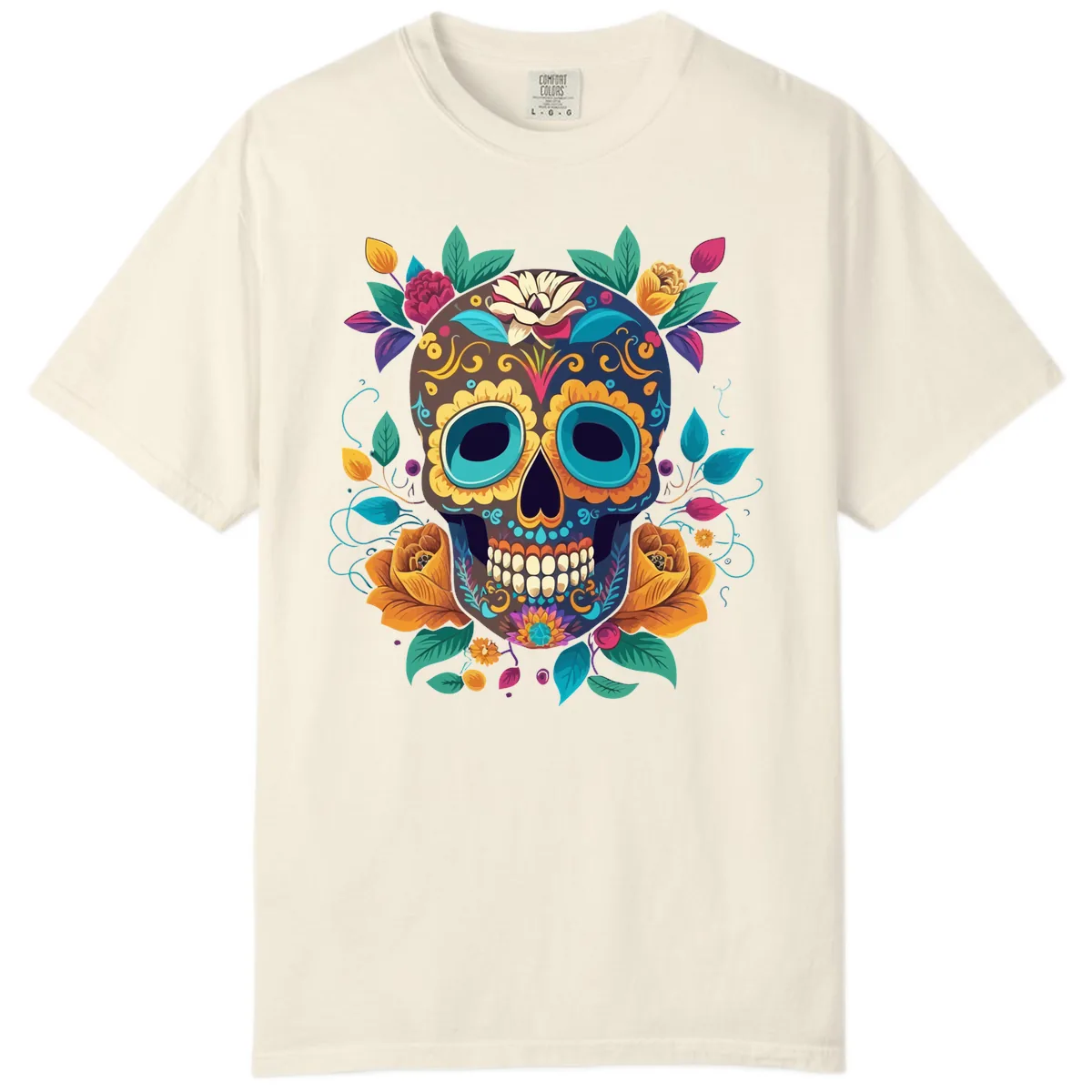 Vibrant Floral Sugar Skull Calavera Art Comfort Color in Ivory