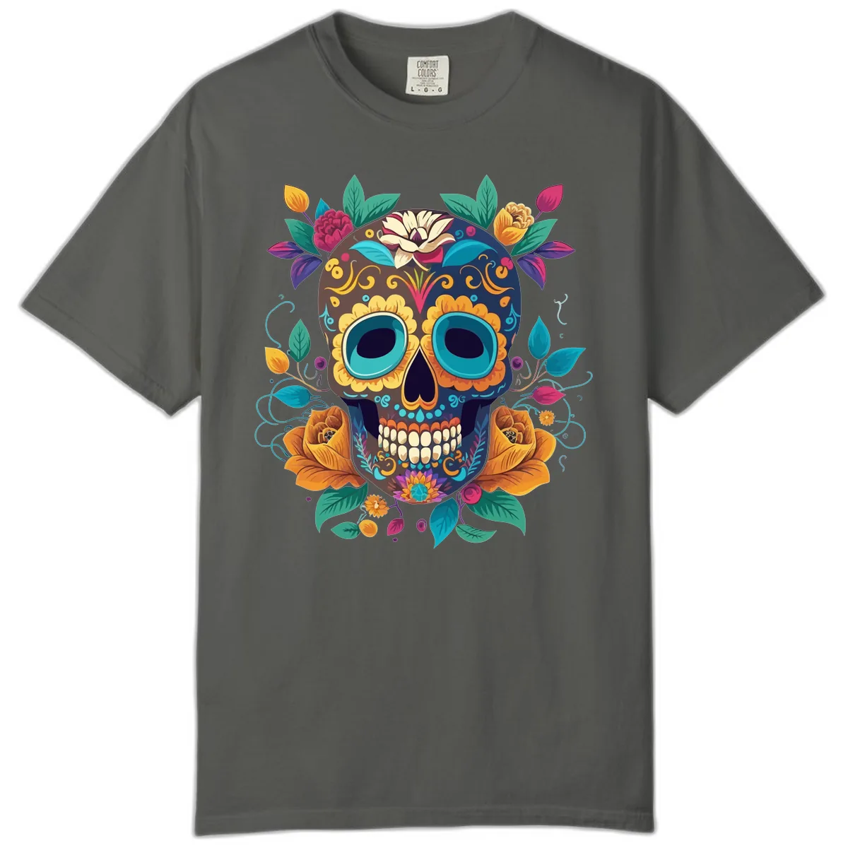 Vibrant Floral Sugar Skull Calavera Art Comfort Color in Pepper