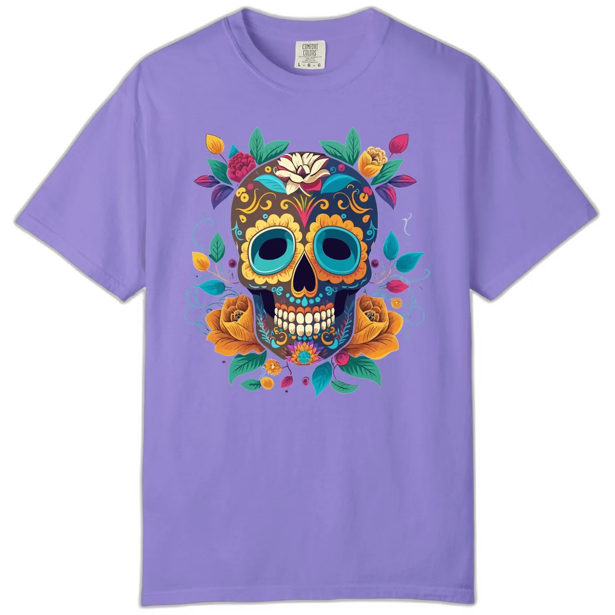 Vibrant Floral Sugar Skull Calavera Art Comfort Color in Violet
