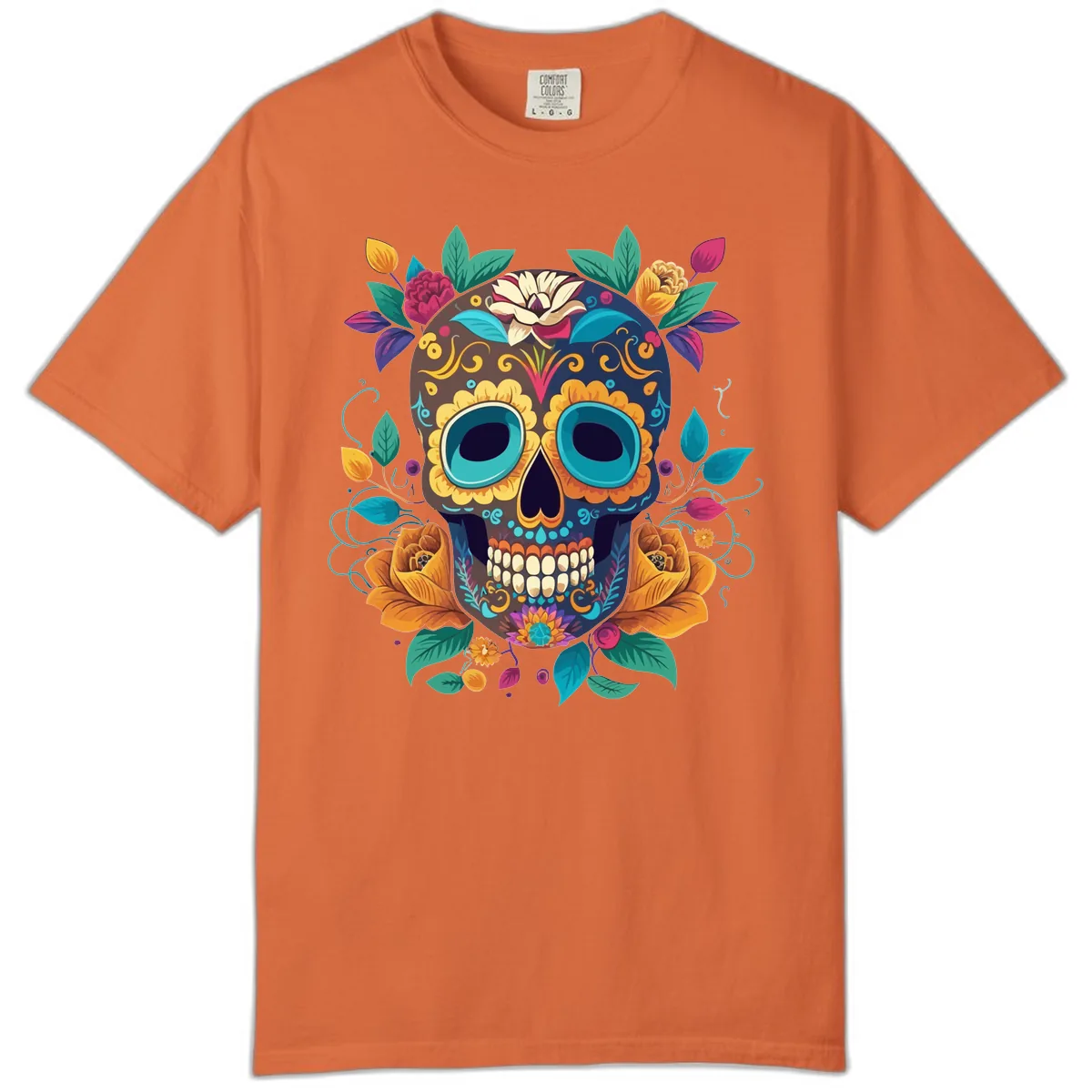 Vibrant Floral Sugar Skull Calavera Art Comfort Color in Burnt Orange