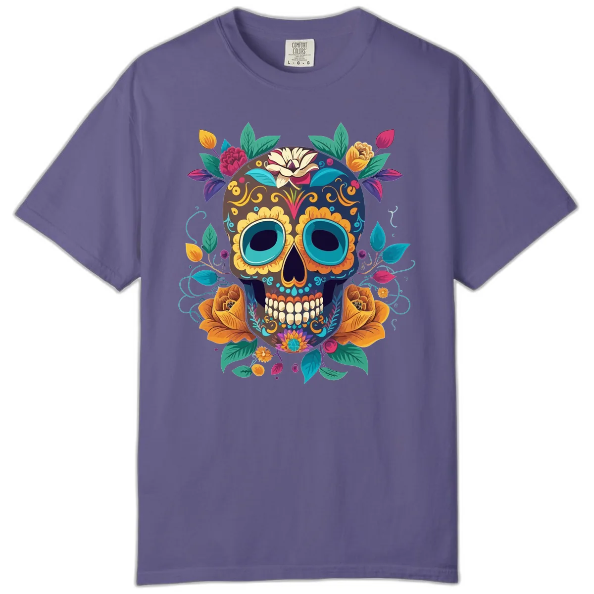 Vibrant Floral Sugar Skull Calavera Art Comfort Color in Grape