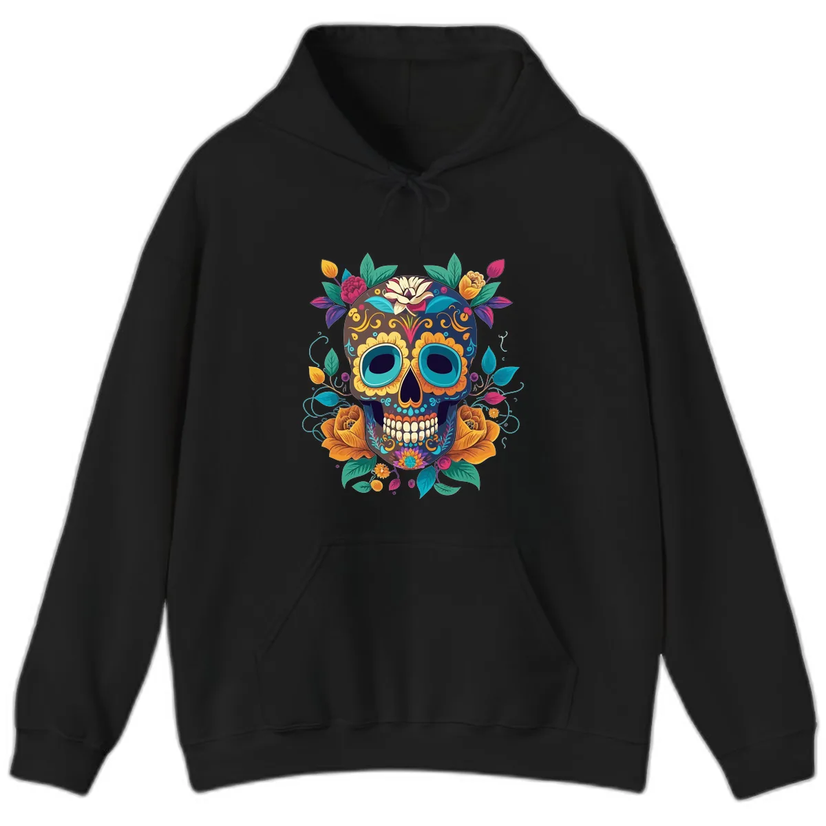 Vibrant Floral Sugar Skull Calavera Art Hoodie in Black