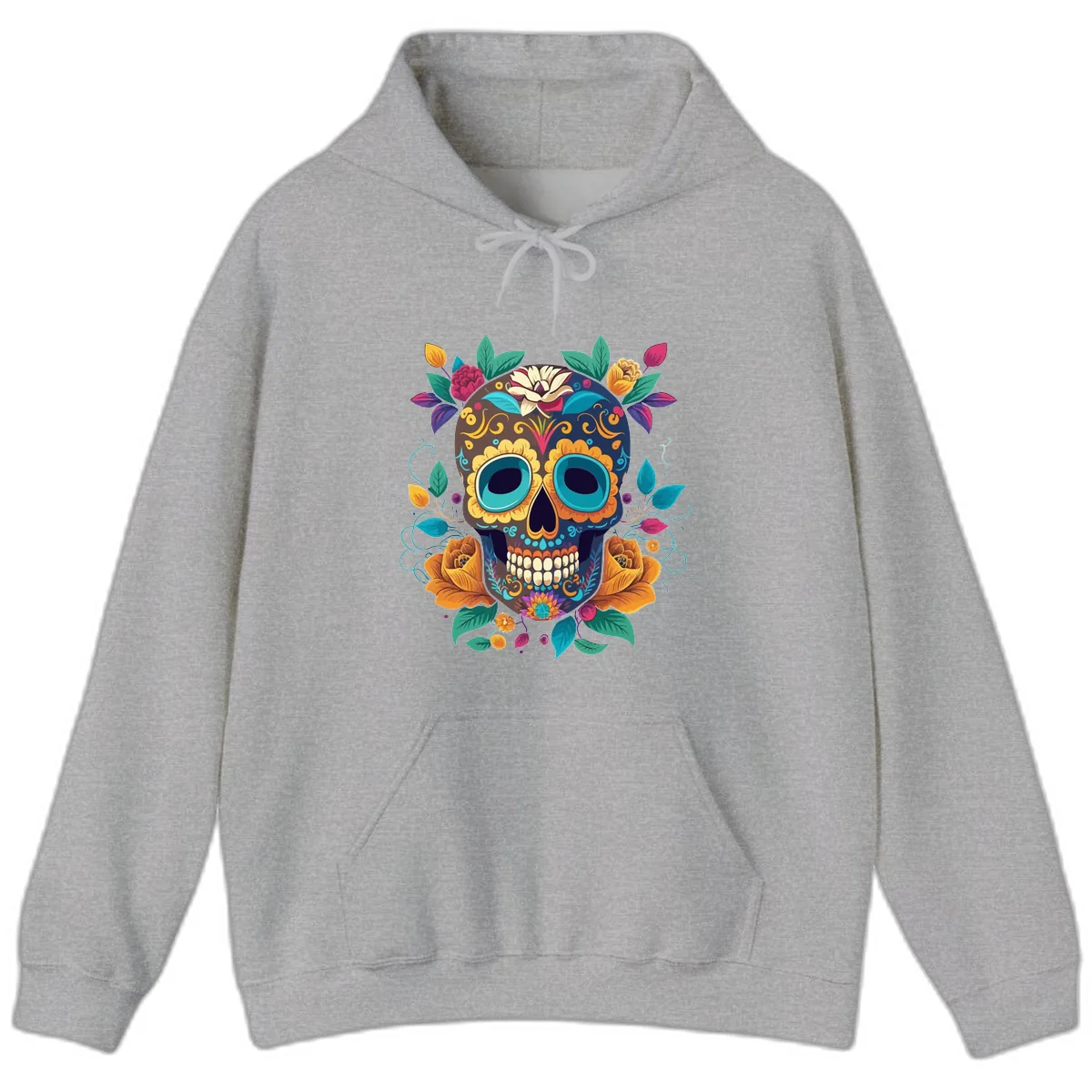 Vibrant Floral Sugar Skull Calavera Art Hoodie in Sport Grey