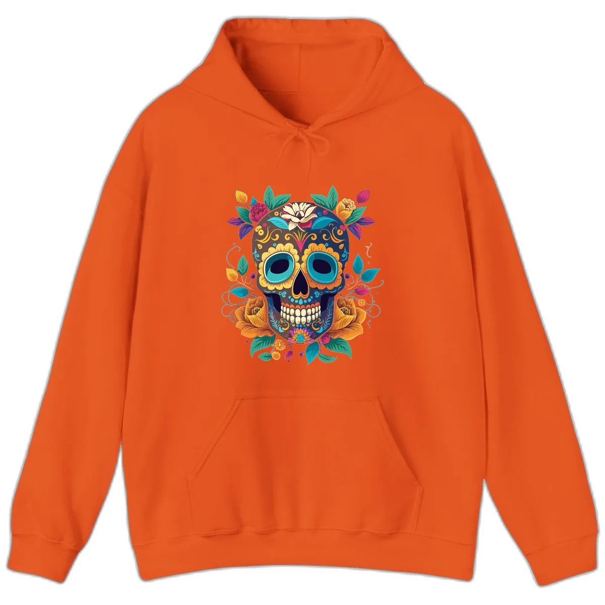 Vibrant Floral Sugar Skull Calavera Art Hoodie in Orange