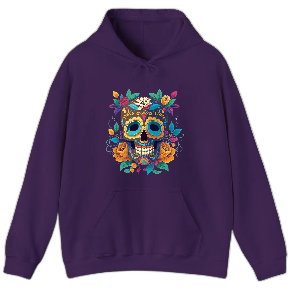 Vibrant Floral Sugar Skull Calavera Art Hoodie in Purple
