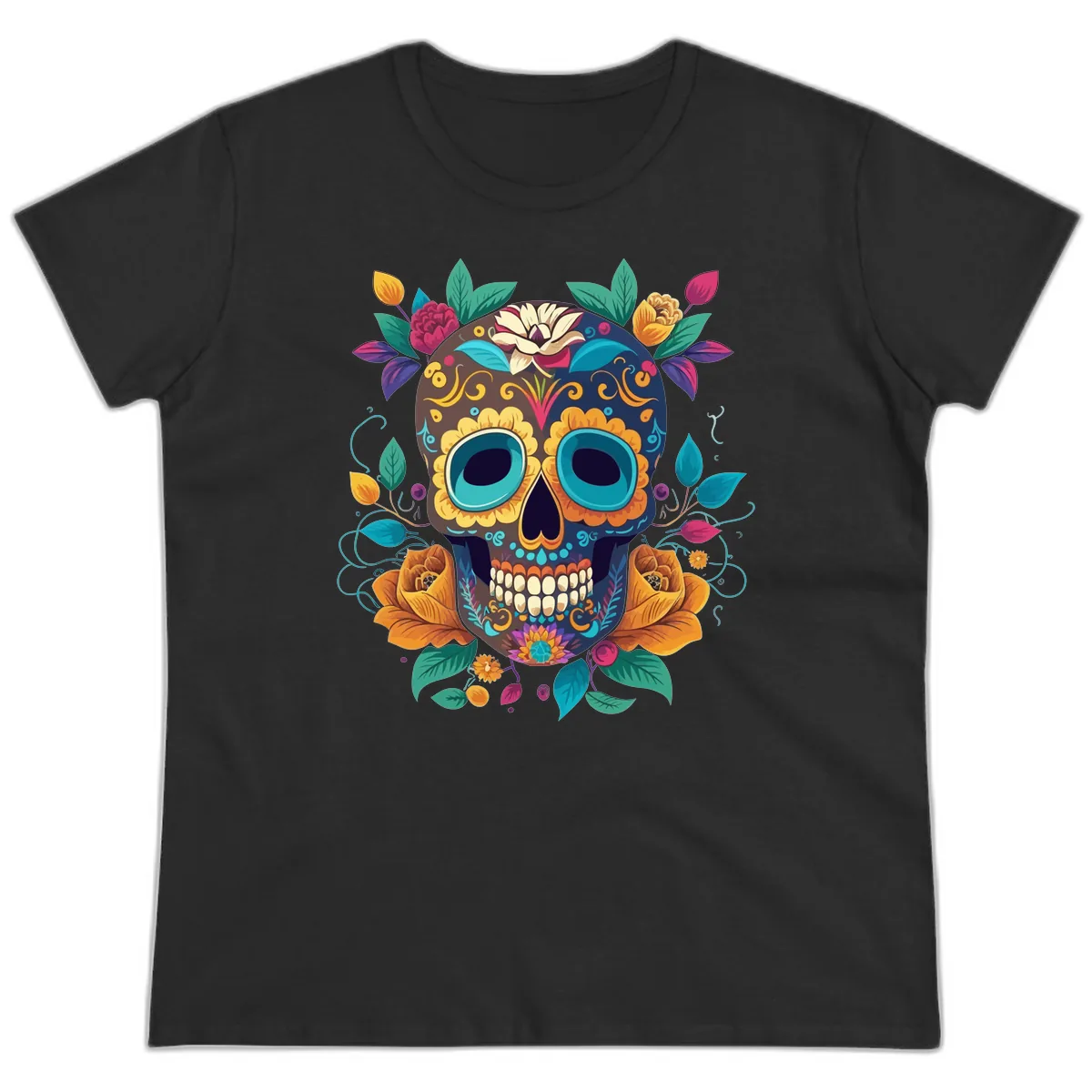 Vibrant Floral Sugar Skull Calavera Art Ladies Tee in Black