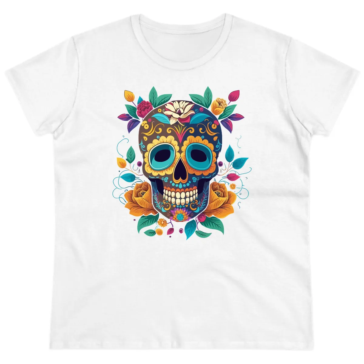 Vibrant Floral Sugar Skull Calavera Art Ladies Tee in White
