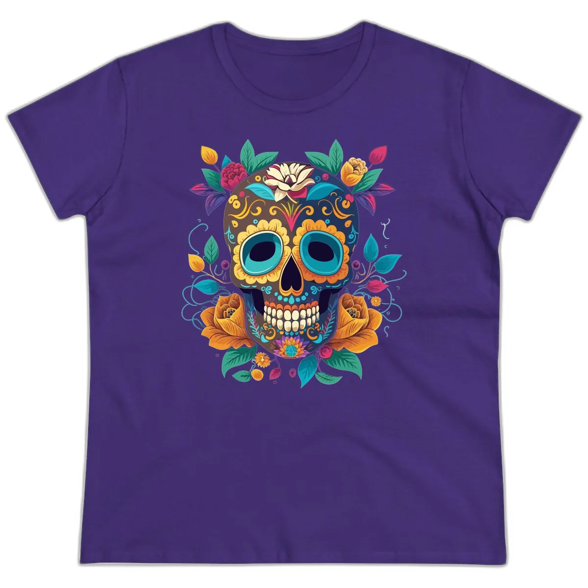 Vibrant Floral Sugar Skull Calavera Art Ladies Tee in Purple