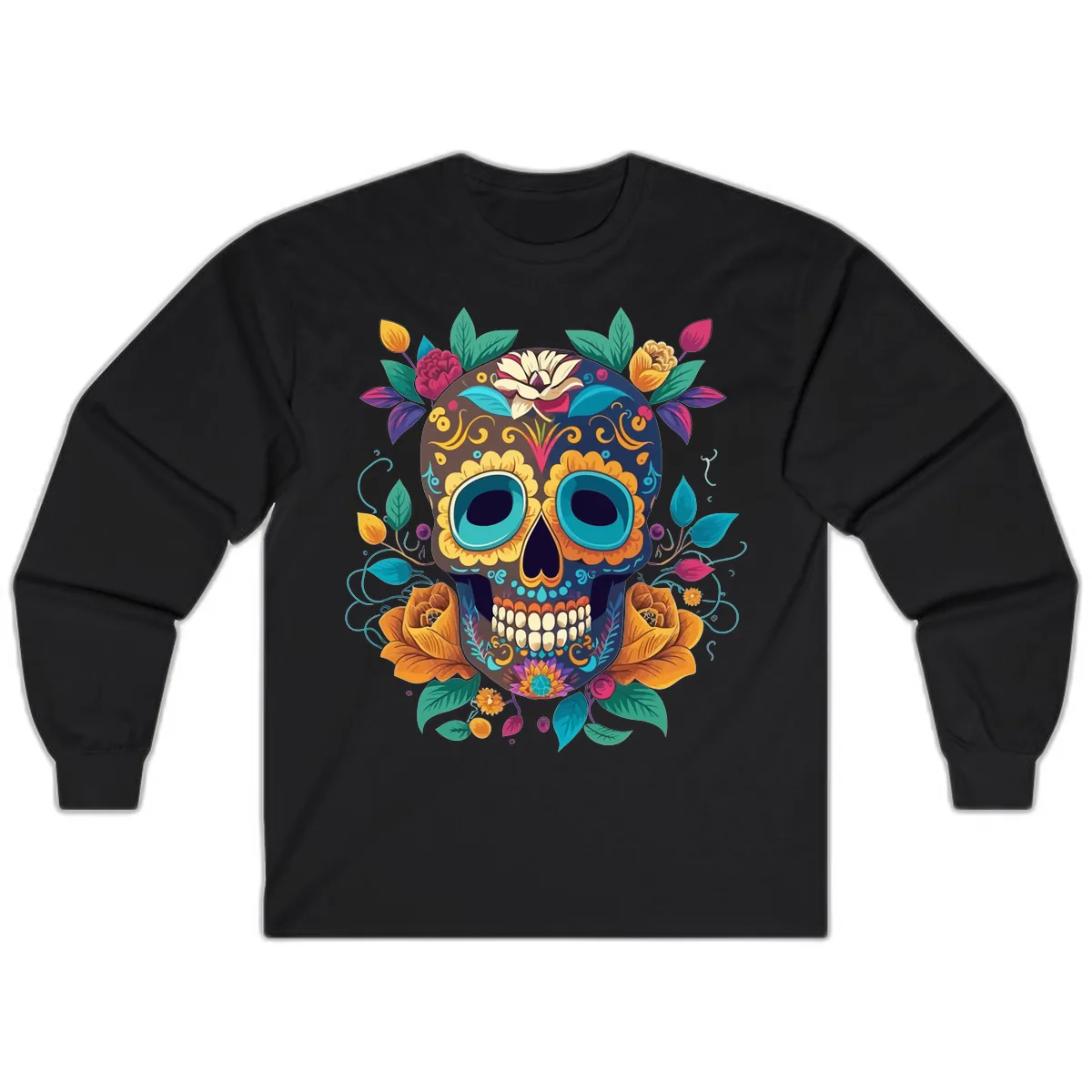 Vibrant Floral Sugar Skull Calavera Art Long Sleeve in Black