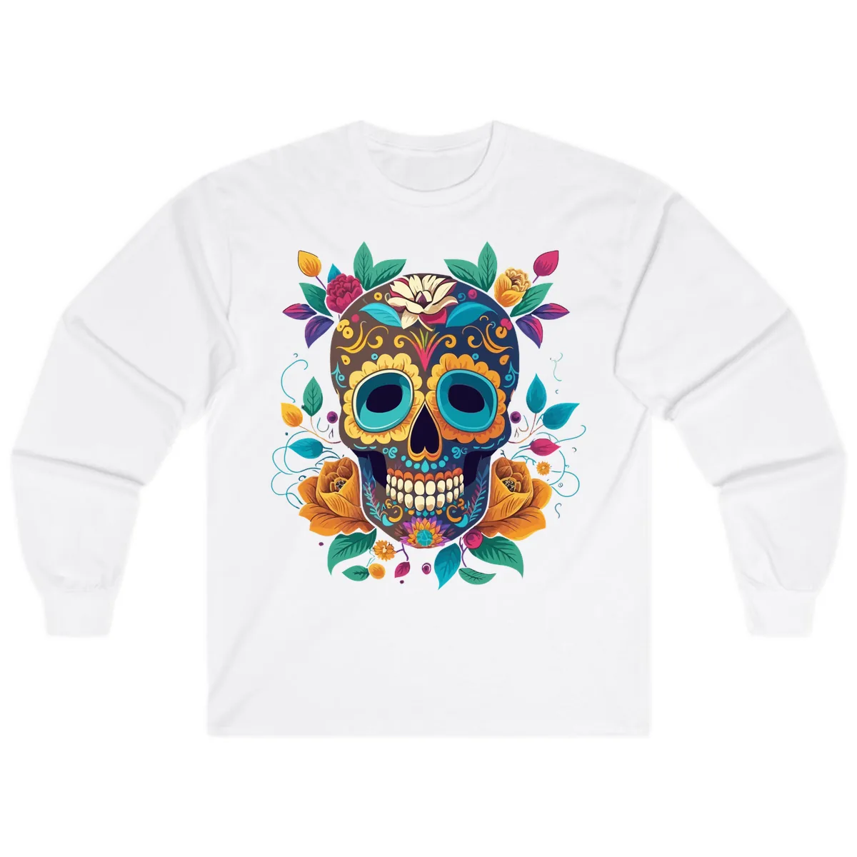 Vibrant Floral Sugar Skull Calavera Art Long Sleeve in White