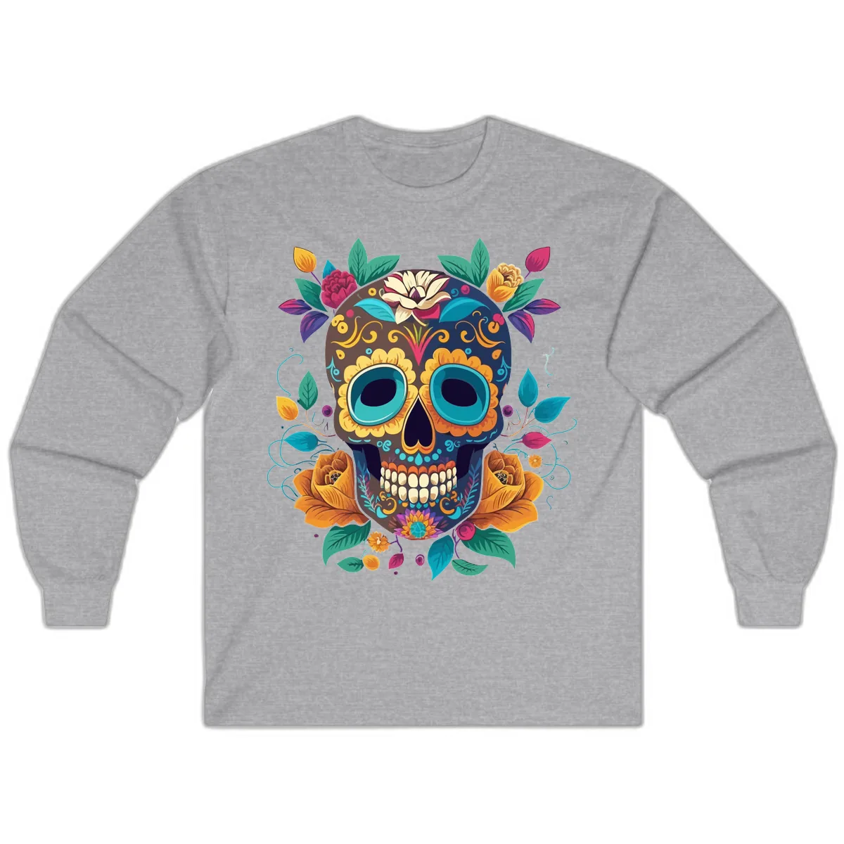 Vibrant Floral Sugar Skull Calavera Art Long Sleeve in Sport Grey