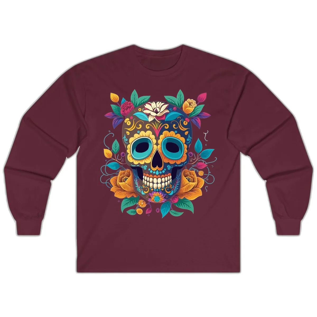 Vibrant Floral Sugar Skull Calavera Art Long Sleeve in Maroon