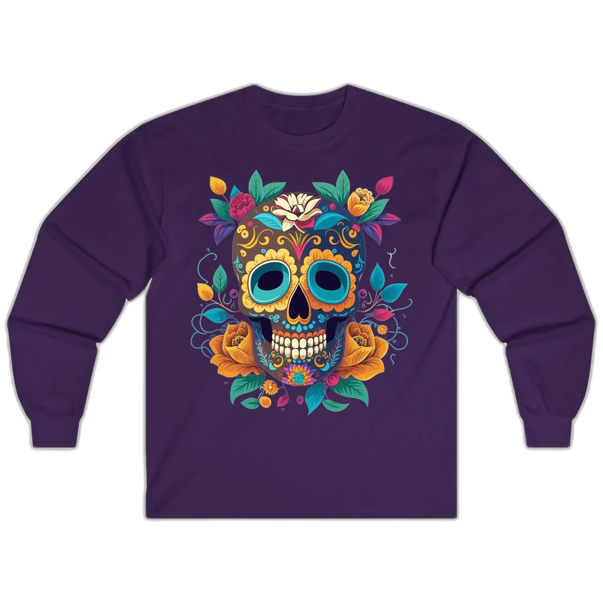 Vibrant Floral Sugar Skull Calavera Art Long Sleeve in Purple