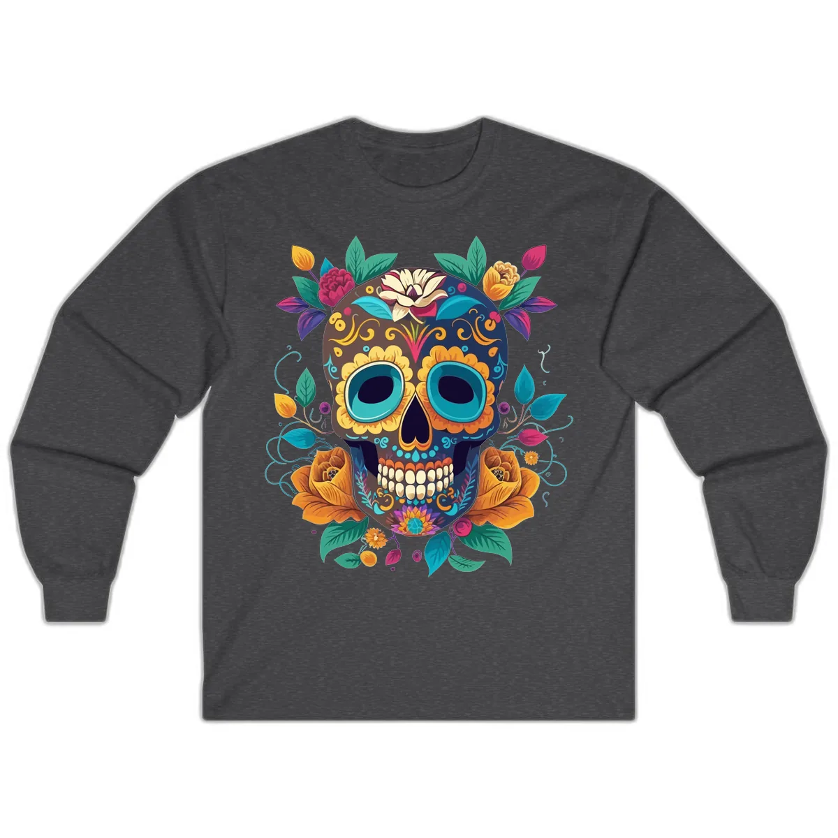 Vibrant Floral Sugar Skull Calavera Art Long Sleeve in Dark Heather