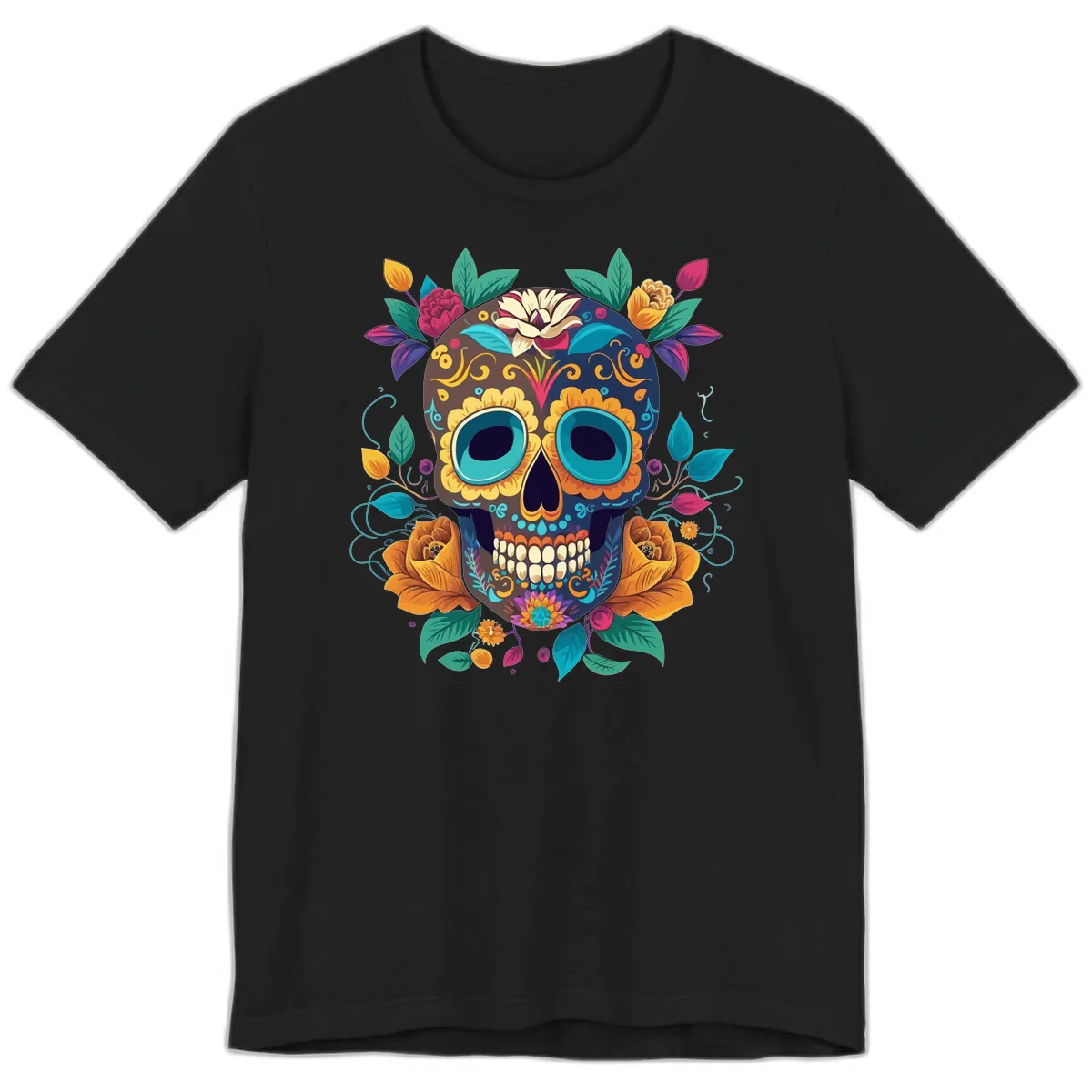 Vibrant Floral Sugar Skull Calavera Art Premium T-Shirt in Black