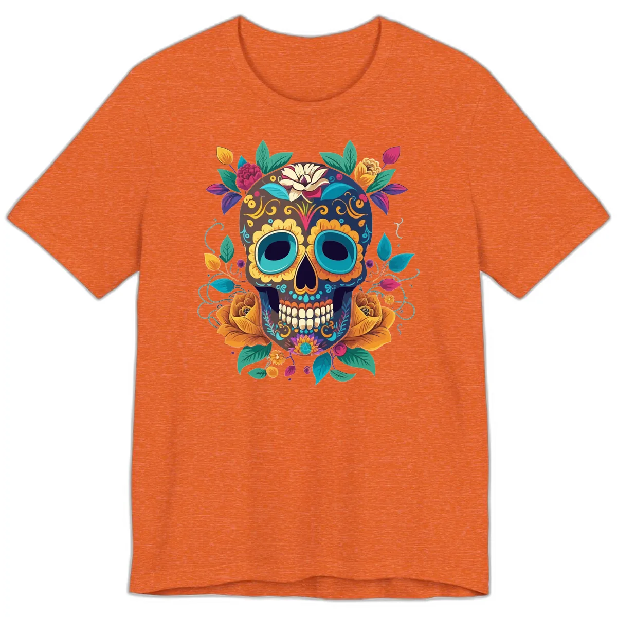 Vibrant Floral Sugar Skull Calavera Art Premium T-Shirt in Heather Orange
