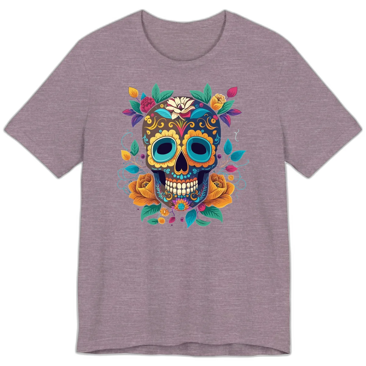 Vibrant Floral Sugar Skull Calavera Art Premium T-Shirt in Heather Purple