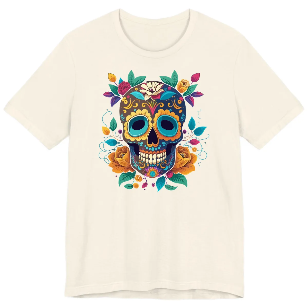 Vibrant Floral Sugar Skull Calavera Art Premium T-Shirt in Natural