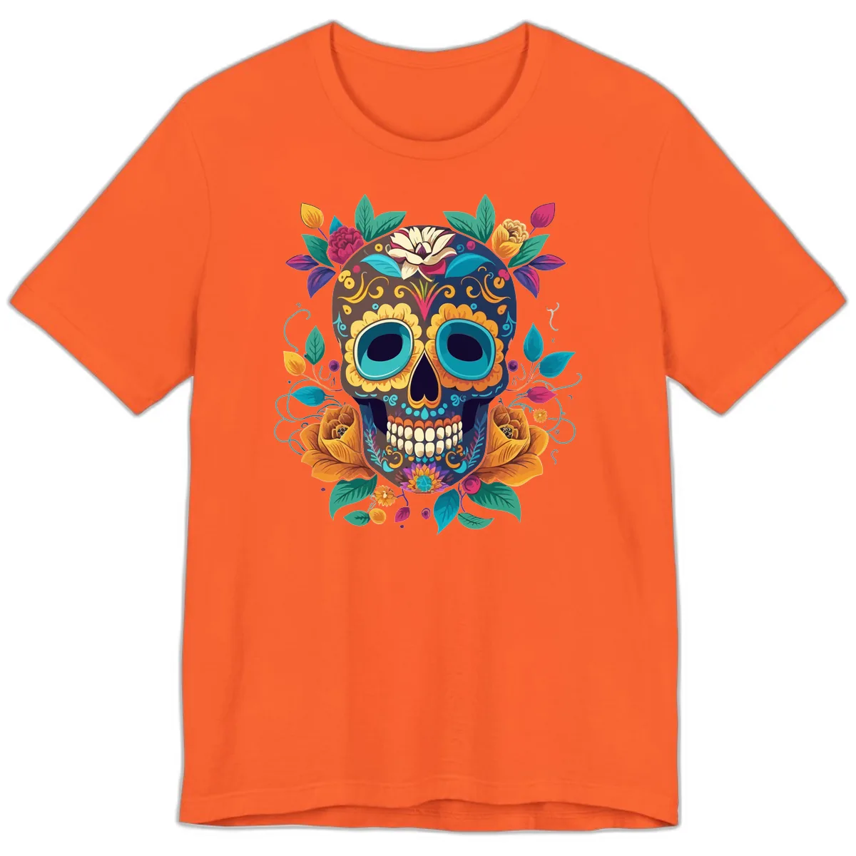 Vibrant Floral Sugar Skull Calavera Art Premium T-Shirt in Orange