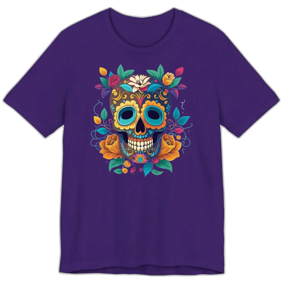 Vibrant Floral Sugar Skull Calavera Art Premium T-Shirt in Team Purple
