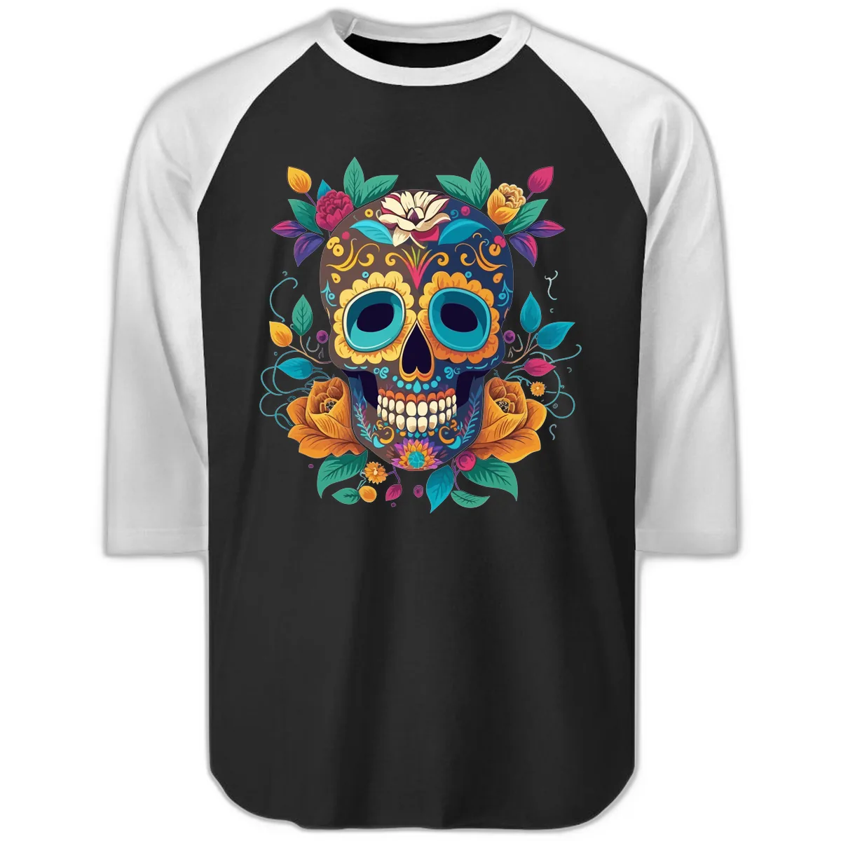 Vibrant Floral Sugar Skull Calavera Art Raglan 3/4 in Black White