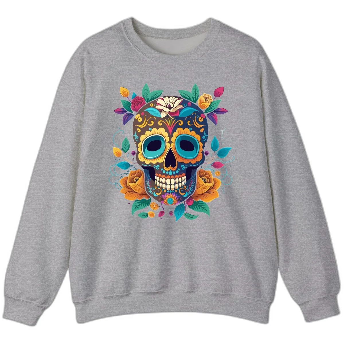 Vibrant Floral Sugar Skull Calavera Art Sweatshirt in Sport Grey