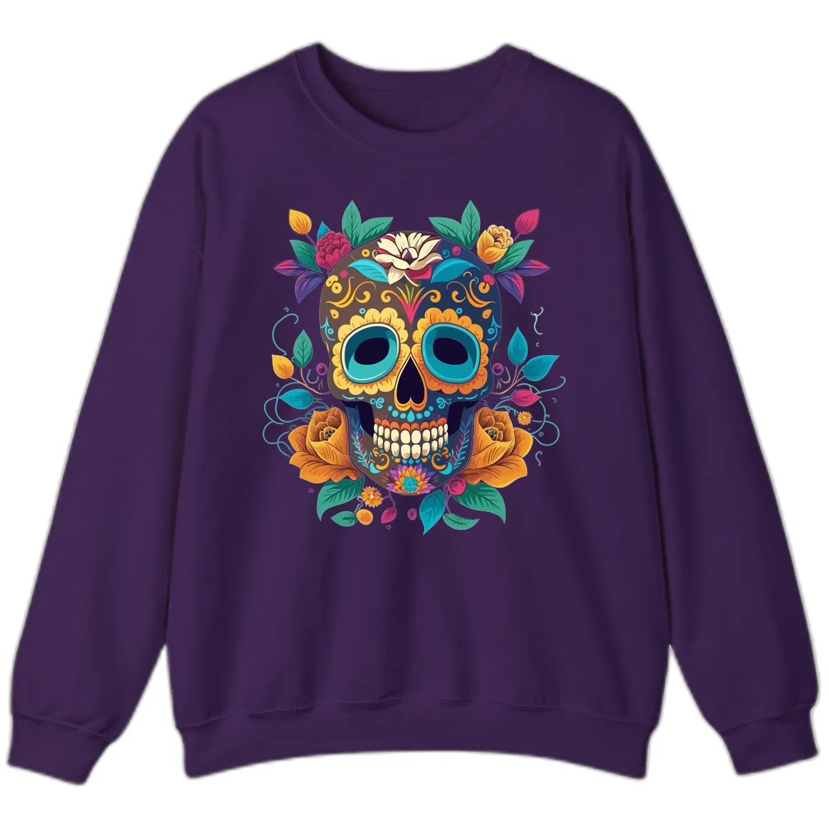 Vibrant Floral Sugar Skull Calavera Art Sweatshirt in Purple
