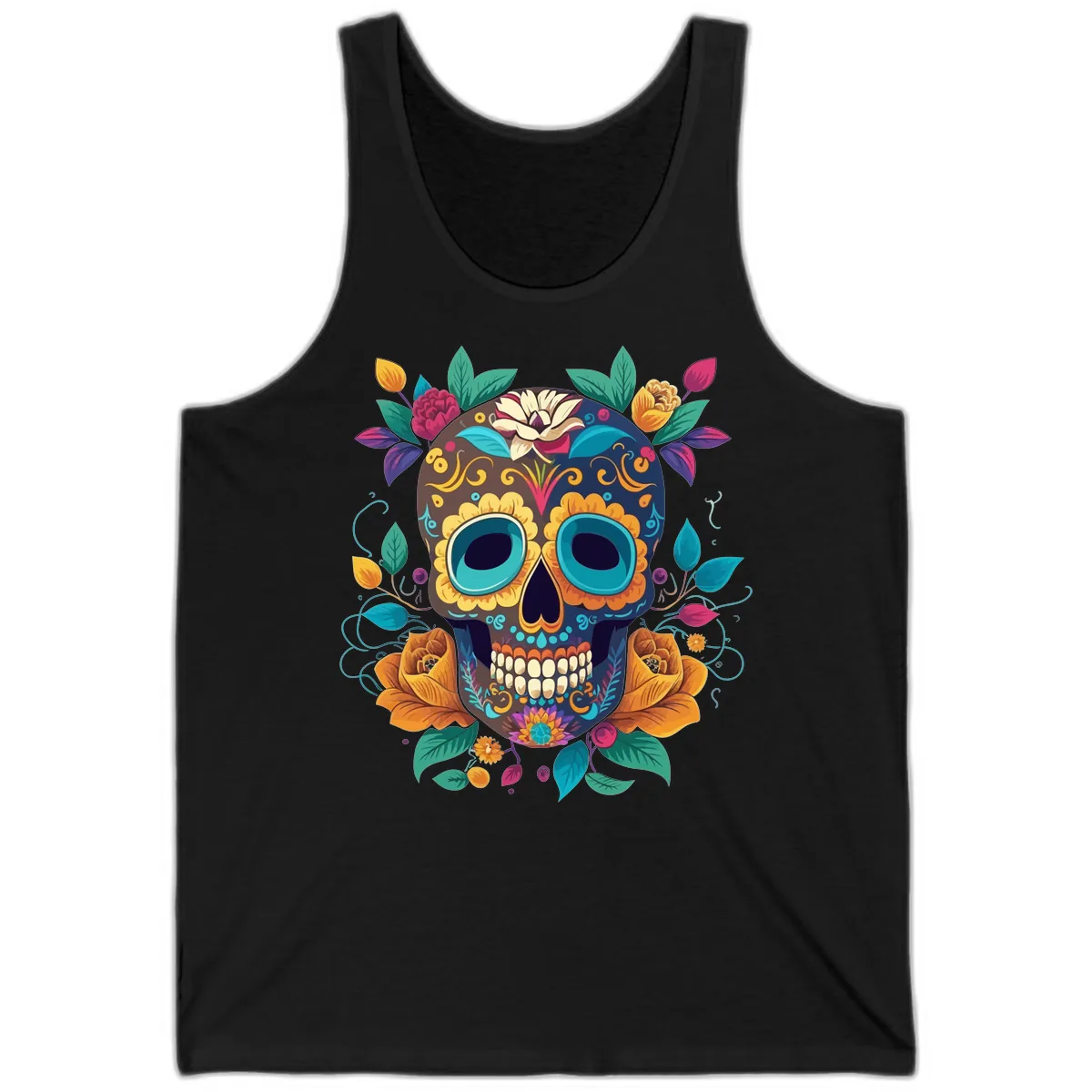 Vibrant Floral Sugar Skull Calavera Art Tank in Black