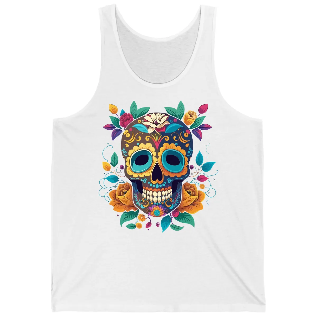 Vibrant Floral Sugar Skull Calavera Art Tank in White
