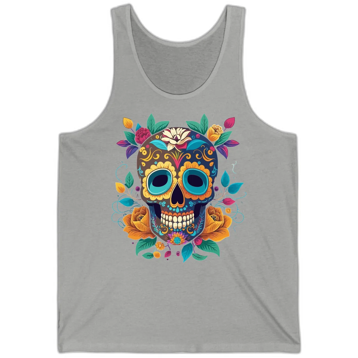 Vibrant Floral Sugar Skull Calavera Art Tank in Athletic Heather