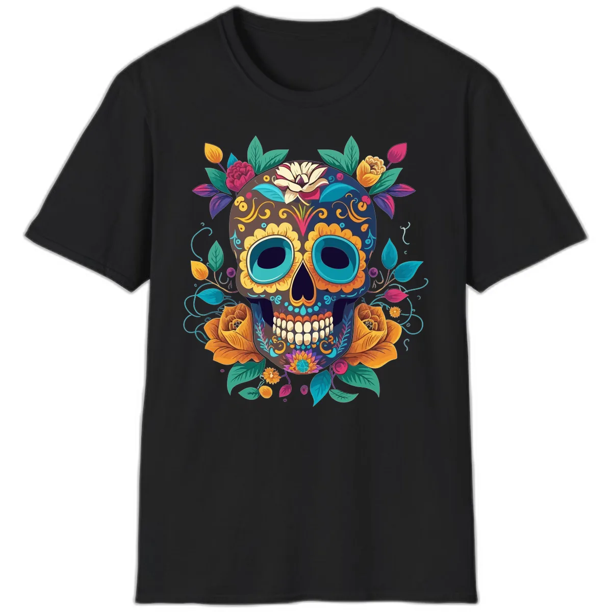 Vibrant Floral Sugar Skull Calavera Art T-Shirt in Black