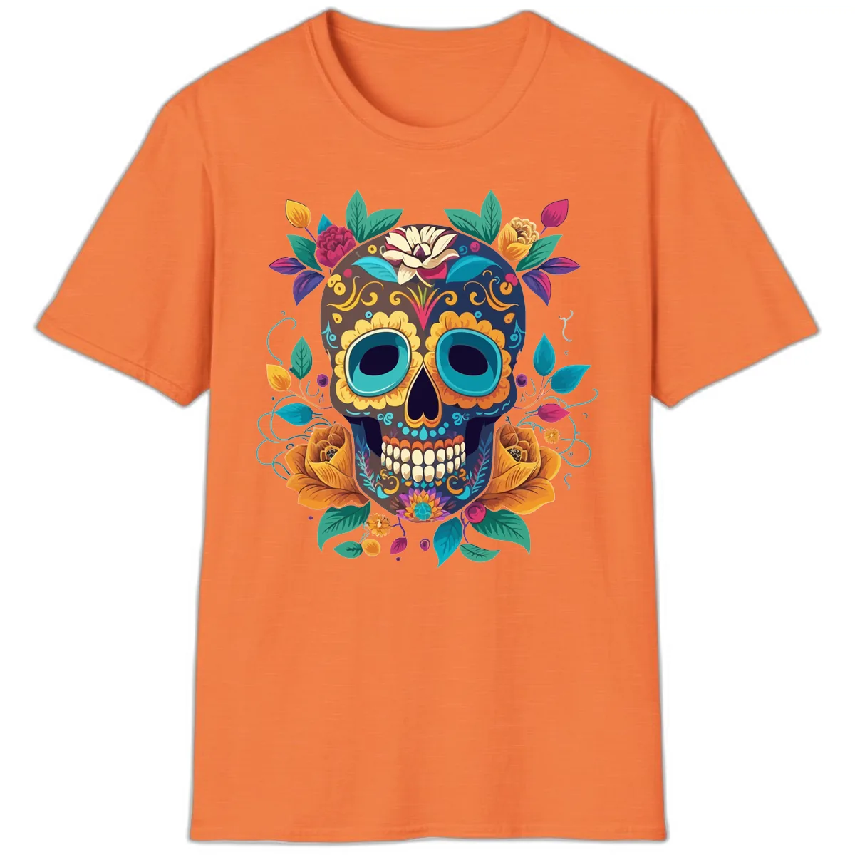 Vibrant Floral Sugar Skull Calavera Art T-Shirt in Heather Orange