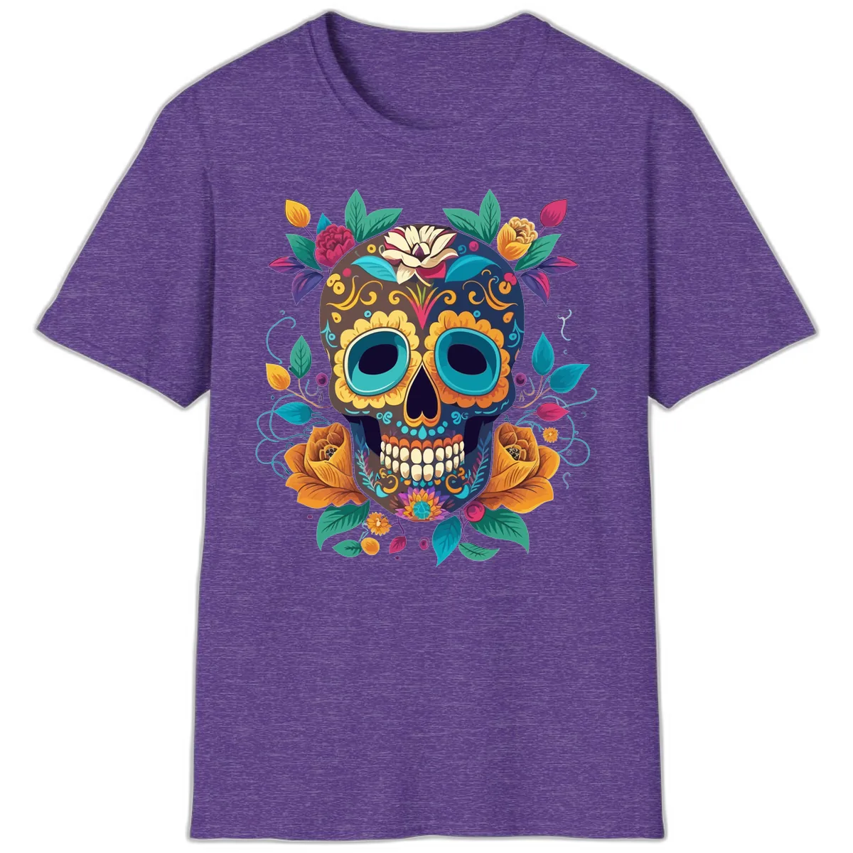 Vibrant Floral Sugar Skull Calavera Art T-Shirt in Heather Purple